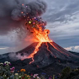 a volcanic eruption from which come out flowers and stars exotic plants instead of lava, all this happens in some kind of fantasy world, almost like in the sky or all in the amazing outdoors view, long exposure, 8 k resolution, trending on artstation