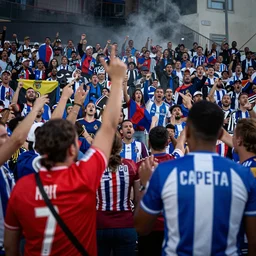war between benfica fans and FC Porto fans, dramatic cinematic war scene