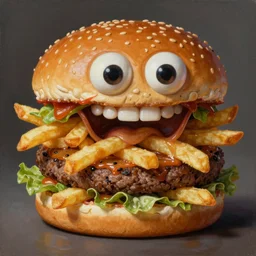 a hamburger monster made of hamburgers and french fries, 5 7 9, detailed mouth, detailed eyes, oil painting, highly detailed, dramatic lighting, hyperrealistic, smooth, artstation, cgsociety, by artgerm, by wlop