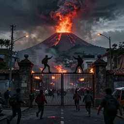 a vulcano spraying blood all over the city. The city is burning and all over people are screaming and running away towards the gate but the gate is closed. No way out. Dark mood light.