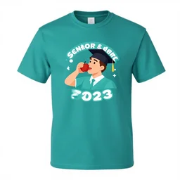 apple eating a man, teal, 2 0 2 3 senior graduation shirt, clean graphic design, solid black background