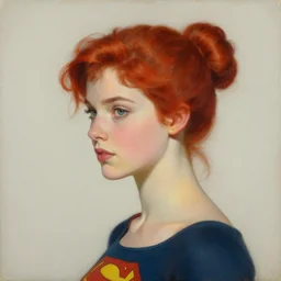 a cool red - bun - haired girl. she is dressed as a superhero. clean elegant painting, beautiful detailed face. by artgerm and greg rutkowski and alphonse mucha