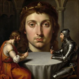 detailed face, oil painting of king arthur and the knight lancelot sitting at the round table in camelot, artemisia gentileschi