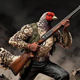 a grouse holding a blunderbuss, comic book style, by frank miller, dramatic lighting, high quality, highly detailed