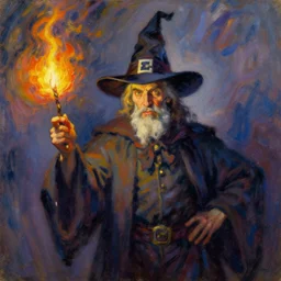 impressionist painting of don rickles as a wizard, in the style of tim hildebrandt and frank frazetta, gestural paint strokes, wizard hat, magic wand, magical fire