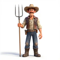 weathered farmer with pitchfork, stylized pixar-style 3d render, full body, standing, isolated on a pure white background, centered, whole figure in frame, sharp focus, studio lighting
