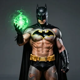 ripped physique portrait man donning a batman costume whilst brandishing a green glowing orb jean sebastien rossbach jeff easley jen bartel
