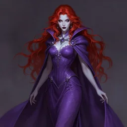 alluring necromancer girl full body portrait, purple dress, cloak, pale skin, red wild hair, fantasy, intricate, elegant, highly detailed, digital painting, artstation, concept art, smooth, sharp focus, illustration, art by afshar petros, krenz cushart, artem demura