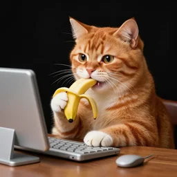happy red - haired cat using a computer, viewed while eating a banana, black background, retro design, high quality detailed image