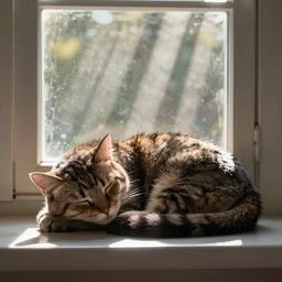 a cat sleeping in front of a window, morning light rays comes out from the window, backlighted, professional detailed photo