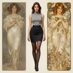 portrait of a full body of beautiful young female secretary, d & d, sleeveless turtleneck, pencil miniskirt, stockings, fantasy, flat lighting, intricate, highly detailed, digital painting, artstation, concept art, smooth, sharp focus, illustration, art by simon bisley and greg rutkowski and alphonse mucha, natural tpose