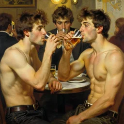 attractive muscular bro and muscular attractive broseph, drinking their hearts out, boys night out. highly detailed painting by gaston bussiere, craig mullins, j. c. leyendecker, alphonse mucha 8 k