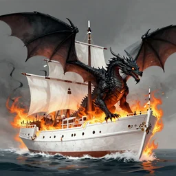 A black dragon burns a white ship cinematic digital concept art by Greg Rutkowski