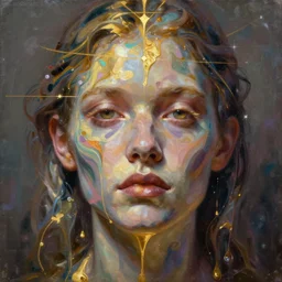 👾 face 🛸🌈, paint drip, phantom, dreary, dramatic, fluid, iridescent, golden ratio, artstation, moebius + loish + wlop, hd, oil painting, hyper realistic,