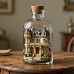 a victorian mansion in a bottle, sitting on a wooden table, octane render, intricate detail, raytraced