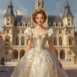 mayors daughter, smart, clever, cheeky, elegant fantasy dress, town hall, intricate, highly detailed, digital painting, artstation, concept art, smooth, sharp focus, illustration, Unreal Engine 5, 8K, art by artgerm and greg rutkowski and alphonse mucha, by Jesper Ejsing