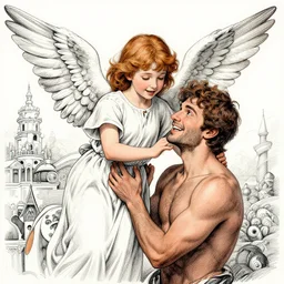 angel protecting man, detailed intricate ink illustration, happy atmosphere, detailed illustration, hd, 4k, digital art, overdetailed art, by greg rutkowski, by loish, complementing colors, Trending on artstation, deviantart