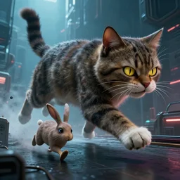 a huge chasing cat 🐱, a 🐭 fleeing terrified, by mark ryden in cyberpunk environment, 4 k ultra high resolution, horror, long camera shot
