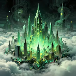 psychdelic city dreamworld in the clouds, surrealist and abstract digital art trending on artstation by artist Rob Gonsalves and Mark Riddick supreme peace immense knowledge black green mint yellow dmt art