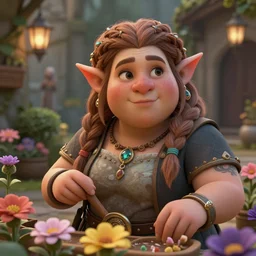 chubby female dwarven flower seller in courtyard, intricate braided hair, big nose, short plump figure, soft lighting, highly detailed face, sharp focus, artstation, secret of mana, sophie anderson, arnold armitage, loish
