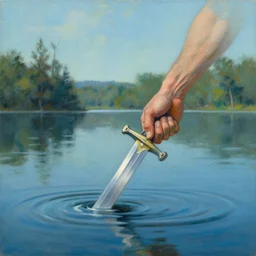 a beautiful painting of a hand appearing from a lake holding a sword by james gurney, craig mullins