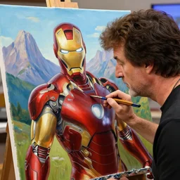 a closeup photorealistic photograph of bob ross working on a canvas painting of iron man. lit studio, mountain scape. film still, vibrant colors. this 4 k hd image is trending on artstation, featured on behance, well - rendered, extra crisp, features intricate detail, epic composition and the style of unreal engine.