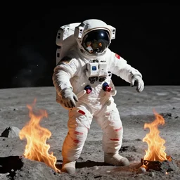 astronaut on the moon surrended by fire