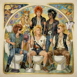 an art nouveau painting of six punk rockers holding toilet plungers and feather dusters .