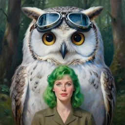 the full body of a giant fat owl and a 1 9 7 6 woman, close up portrait, ww 2 pilot goggles, fine facial features, feathers, symmetrical, blue skin, green hair, in a forrest, inspired by edward hopper and grand budapest hotel, high resolution, octane render, high detailed masterpiece painting
