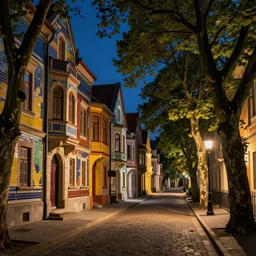 tree-lined street at midnight in a very old very beautiful city by Ludwig Deutsch and  Rudolf Ernst,  colorful tiled architecture, strong dramatic cinematic lighting, lost civilizations, smooth, sharp focus, extremely detailed