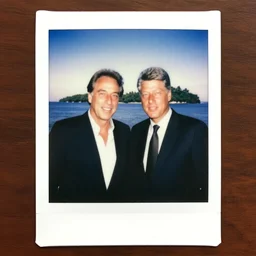 polaroid of jeffrey epstein and bill clinton on an island