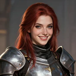 doomguy as an attractive young smiling woman dressed as a knight, face portrait, hd shot, digital portrait, beautiful, fantasy art, artstation, comic style, by artgerm, guy denning, jakub rozalski, magali villeneuve and charlie bowater