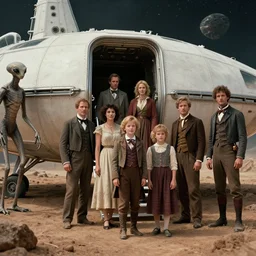 sharp, 70mm still from a sci fi blockbuster color movie made in 2022, set in 1860, of a family leaving a spaceship, that has just landed on an alien planet, a humanoid alien creature stands nearby, the family are wearing 1850s era clothes, 4k, extremely good quality lighting, good quality photography, a list cast, famous actors, famous actresses, oscar winner