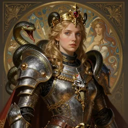 portrait of imogen poots as a warhammer paladin with snakes, by sasha tudvaseva, deep focus, intricate, elegant, regal, highly detailed, digital painting, artstation, concept art, matte, sharp focus, illustration, warhammer, fantasy, hearthstone, art by artgerm and greg rutkowski and alphonse mucha