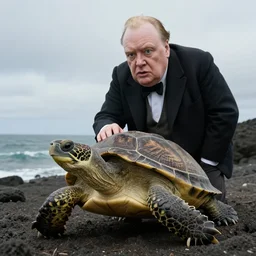 An astonished Winston Churchill discovers the first turtle ever in Galapagos, national geographic, BBC, XF IQ4, f/8, ISO 200, 1/160s, 8K, RAW, unedited, face AI enhanced