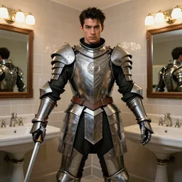 a paladin wearing issey miyake armor while posing in a bathroom, 3 dcg, ps 1, morrowind, mmorpg, portrait, fashion photography, by mario testino, davide sorrenti, jemal shabazz
