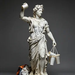 “Apollo statue made of plastic cups and bags, detailed but rough, 4k photo, great light and shadows”