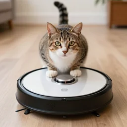 roomba cat ride riding towards camera