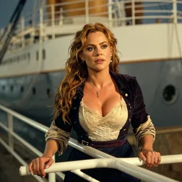 movie still of a sofia vergara with a very big sweaty bust leaning over a guardrail, titanic ship exterior, directed by Quintin Tarantino