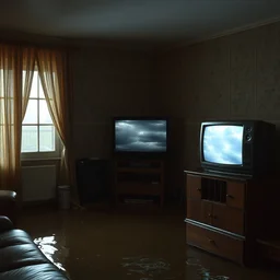 an old flooded apartment interior, 1 9 7 0 s, crt tv with storm clouds on the screen