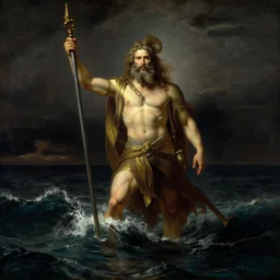 Poseidon, the god of the sea, painting by Albert Bierstadt, dark colors
