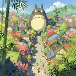 street-level view of a great, colorful kitsune city, bamboo, flowers, anime, fox people, a fantasy digital painting by Greg Rutkowski and James Gurney, trending on Artstation, highly detailed