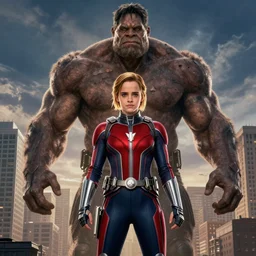 Emma Watson as Giant Man, towering over a city, photo portrait from 'Ant-Man and the Wasp'