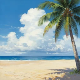 painting by goro fujita!! illustration of a beach horizon with clouds and one palm tree in the style of goro fujita, sharp focus, highly detailed, artstation