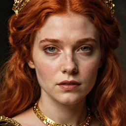 face of a female princess, ginger hair, ugly, golden necklace, close - up, by luis royo, fantasy, medieval