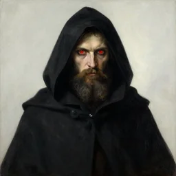 strange cloaked figure with beard and red eyes, doom fantasy, mikalojus konstantinas ciurlionis
