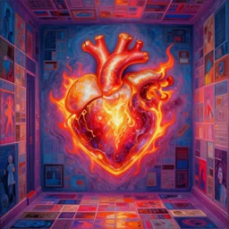 A concept of Melancholic Euphoric heartshine in the crush of oblivion, a heart burning fiercely into a new essence. The vibrancy of nouveau is gilded with hollow-wishes. Trending on ArtStation. Vivid Neon Acrylic stone-carved Digital scene in a sci-fi hallway. A mismatched grid of fate-stitched-patchwork memories.