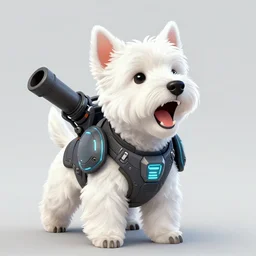 a west highland white terrier barking, anime art style, wearing futuristic, led - lit armor, and a cannon mounted on his back, portrait, high detail, sharp focus, digital painting, artstation, concept art, art by hayao miyazaki and artgerm and greg rutkowski and alphonse mucha.