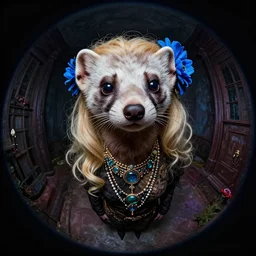 curved perspective, extreme narrow, extreme fisheye, digital art of an hallucinogenic female embalmed marten animal wearing jewlery with blonde hairstyle with blue flower in hair by anton fadeev from nightmare before christmas