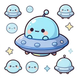 cartoony chibi cute!! creature piloting a cute flying saucer, game asset sheet, material study, 2 d sprite